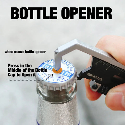 9 In 1 Pocket Multitool Wrench For Screws With Mini Pry Bar Nail Puller, Caliper Ruler, Bottle Opener, Glass Breaker, Keychain Tool And EDC Gadget For Men Hiking And Cycling being used to open a bottle cap.