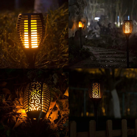 Four images of Six Pack Solar Torch Lights With Realistic Flickering Flame LED glowing in a garden setting at night.