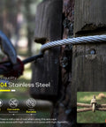 One Quarter Inch Stainless Steel Cable, 350 Feet Of Aircraft Wire Rope With Clamps And Thimbles For Your Backyard Zipline, String Lights, And Deck Railing, Built Tough With Six By Thirty Seven IWRC Construction installed on a wooden post.