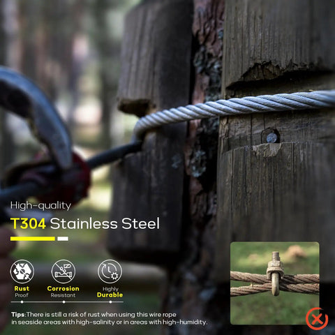 One Quarter Inch Stainless Steel Cable, 350 Feet Of Aircraft Wire Rope With Clamps And Thimbles For Your Backyard Zipline, String Lights, And Deck Railing, Built Tough With Six By Thirty Seven IWRC Construction installed on a wooden post.