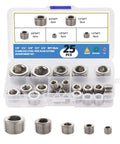 Stainless Steel Pipe Plug Fittings Assortment Kit With Five Sizes One Eighth Inch One Quarter Inch Three Eighths Inch One Half Inch And Three Quarters Inch Twenty Five Pieces NPT Male Internal Hex Thread Socket Plugs For DIYers shown in box.