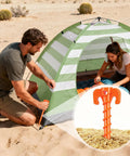 Man using Hold It Down Easy 15 Pack Plastic Spiral Tent Stakes 10 Inch Heavy Duty Screw In Sand Anchors in sandy area.