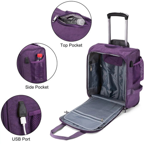 Underseat Rolling Carry On Bag 17x13x8 Inches Personal Item For JetBlue Spirit Frontier Purple Duffel open and detail view