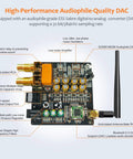 Bluetooth 5.3 Receiver For Home Stereo With LDAC And Built In DAC, circuit board view with gold-plated RCA connectors and antenna