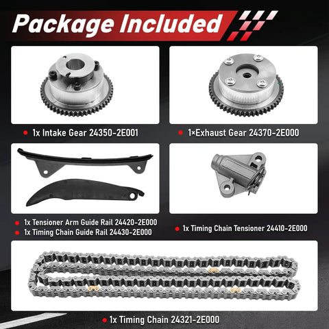 Package contents of Timing Chain Kit With Intake And Exhaust VVT Gear For Elantra And Soul 1.8L 2.0L showing gears, tensioner, and chains.