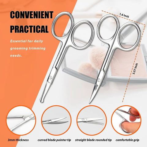 Facial Hair Scissors And Grooming Kit For Guys And Gals With Curved Safety Tip Clippers, silver two-pack scissors, 3.57 inches