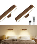 Solid Upgrade Set Of Two Rechargeable Walnut Wood Wall Sconces With Magnetic Mount And Remote Control Featuring 15 Rgb Colors 360 Degree Rotate Dimmable Led Bedside Lamps That Hits Different For Bedroom Decor And Living Room Vibes, mounted above bed.