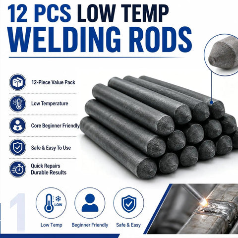 12 PCS Low Temp Welding Rods Kit showing stacked metal rods with low temperature icons and beginner-friendly features.