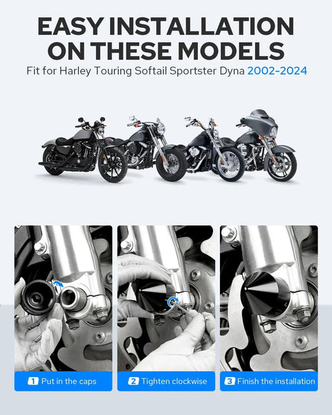 Installation of Harley Front Axle Nut Covers CNC Aluminum Axle Caps for Touring Softail Dyna 2002-2024 models with steps.
