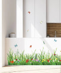 Green Grass Wall Corner Stickers With Flowers And Butterflies, Baseboard Skirting Line Wall Decals For Bedroom And Living Room