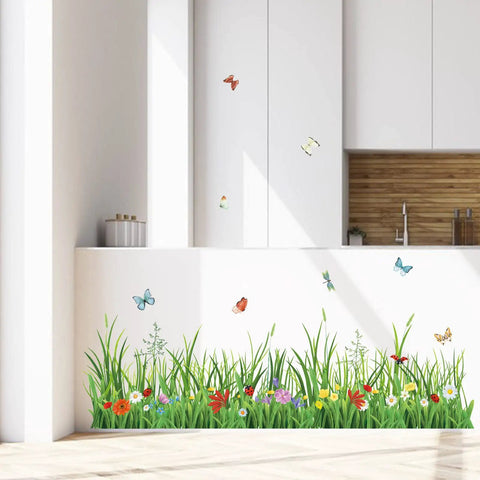 Green Grass Wall Corner Stickers With Flowers And Butterflies, Baseboard Skirting Line Wall Decals For Bedroom And Living Room