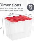 Six Pack Heavy Duty Red Storage Bins With Secure Hinged Lids dimensions display, 53 Qt capacity, clear plastic, stackable design.