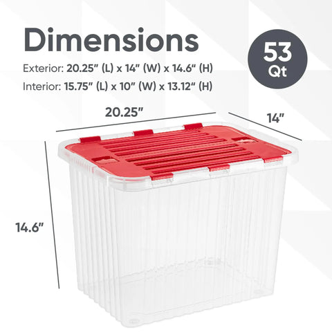 Six Pack Heavy Duty Red Storage Bins With Secure Hinged Lids dimensions display, 53 Qt capacity, clear plastic, stackable design.