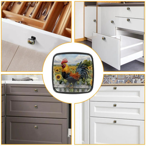4 Pack Square Kitchen Cabinet Knobs Sunflower Rooster Design Dope Black Glass ABS Drawer Pulls for cabinets in use