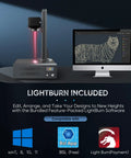Auto Focus 60W MOPA Fiber Laser Engraver Pro Grade With 3D Deep Engraving 6 Point 9 By 6 Point 9 Inch Work Area Metal Color Marking Machine, displayed with LightBurn software on screen.
