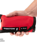 Hand holding red 14-Tool Stubby Wrench Pouch Roll For 6-19 mm Wrenches, Clear Size Markings, Pro Grade, Durable USA Made Tool Organizer
