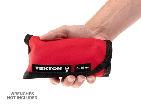 Hand holding red 14-Tool Stubby Wrench Pouch Roll For 6-19 mm Wrenches, Clear Size Markings, Pro Grade, Durable USA Made Tool Organizer