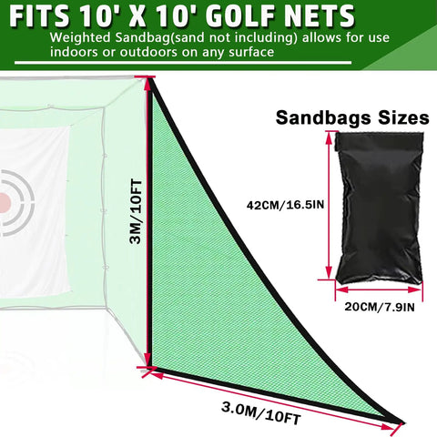 Two Pack Green Golf Triangle Side Net With Sandbags, Shank Barrier Net For Driving Cage Frame 10 By 10 Feet dimensions display
