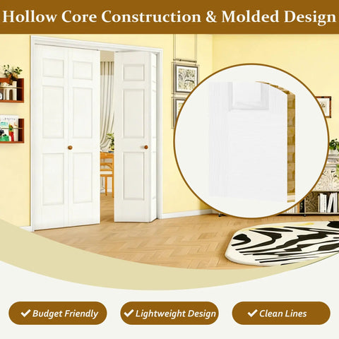 Hollow core construction of Top Tier 60X80 Bifold Closet Doors Raised Textured Six Panel Face White Primed Lightweight design