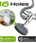 Commercial Wall Mount Kitchen Sink Faucet With High Pressure Pre Rinse Sprayer And Add On Swing Spout 8 Inch Adjustable Centers showing 16 holes for efficient washing.