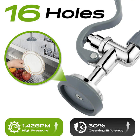Commercial Wall Mount Kitchen Sink Faucet With High Pressure Pre Rinse Sprayer And Add On Swing Spout 8 Inch Adjustable Centers showing 16 holes for efficient washing.