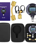 Digital Vacuum Gauge For HVAC 0 To 75000 μmHg Range With 7/16-20UNF Fittings, Buzzer Alarm, 1/4 Inch SAE Extension, Brass Adapter, High Accuracy ±10 μmHg Or ±10 Percent, Ideal For Leak Detection And Evacuation Tests., digital vacuum gauge in carrying case with brass adapter and SAE extension