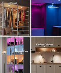 Rechargeable Puck Lights With Remote Control 2400mAh USB C Rechargeable Tap Lights Magnetic Under Cabinet Closet Display Shelf Lighting For Classroom And More Easy To Install With Dope Magnetic Mounts And USB C Fast Charging For Laptop Or Power Bank installed in closet, bathroom, display case, and kitchen cabinet.