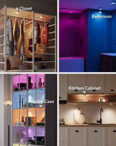 Rechargeable Puck Lights With Remote Control 2400mAh USB C Rechargeable Tap Lights Magnetic Under Cabinet Closet Display Shelf Lighting For Classroom And More Easy To Install With Dope Magnetic Mounts And USB C Fast Charging For Laptop Or Power Bank installed in closet, bathroom, display case, and kitchen cabinet.