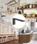 Legit Heavy Duty Countertop Support Brackets 16 Inch 4 Pack Built Tough For Granite Quartz Laminate And Concrete Floating Kitchen Shelves Wall Mount Mantel Corbels With All Necessary Hardware Included For No Sweat Setup in black, displayed in various home settings.