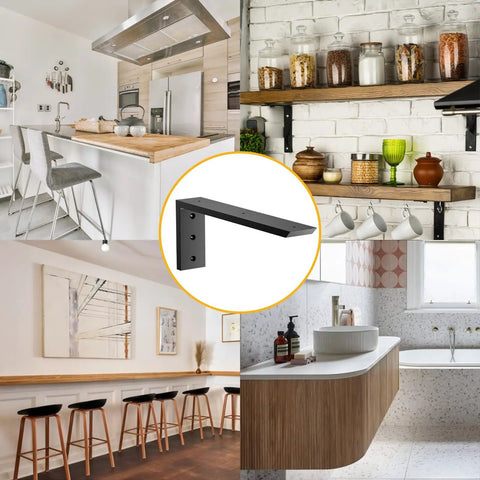 Legit Heavy Duty Countertop Support Brackets 16 Inch 4 Pack Built Tough For Granite Quartz Laminate And Concrete Floating Kitchen Shelves Wall Mount Mantel Corbels With All Necessary Hardware Included For No Sweat Setup in black, displayed in various home settings.