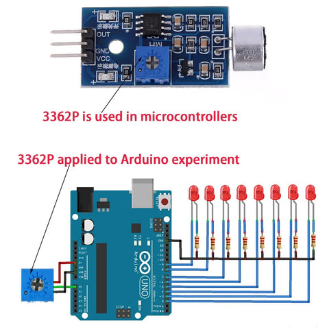 3362P Single Turn Trimmer Potentiometer Kit 50 Pieces Assorted Values shown with Arduino setup and LEDs