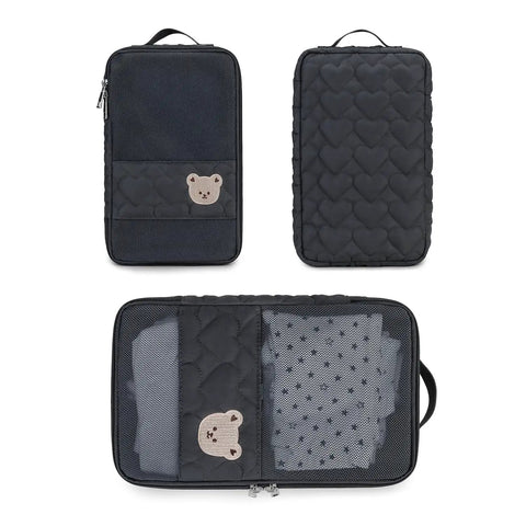 Front and back of Two Pack Waterproof Diaper Bag Organizer Pouches With Hanging Pods, Cute Bear Mesh Bags for travel essentials.