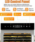 LED control panel of Heavy Duty Twelve Tray Food Dehydrator Featuring Locked In Temperature And Timer Settings.