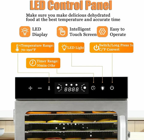 LED control panel of Heavy Duty Twelve Tray Food Dehydrator Featuring Locked In Temperature And Timer Settings.