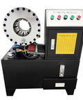 Heavy Duty Electric Hydraulic Hose Crimper With Quarter To Two Inch Range And 10 Tight Fit Die Sets For Rock Solid Joints On High Pressure Auto Brake And Workshop Fluid Lines At 220 Volts, showing crimping machine with foot pedal.