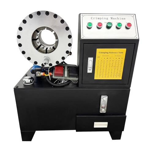 Heavy Duty Electric Hydraulic Hose Crimper With Quarter To Two Inch Range And 10 Tight Fit Die Sets For Rock Solid Joints On High Pressure Auto Brake And Workshop Fluid Lines At 220 Volts, showing crimping machine with foot pedal.