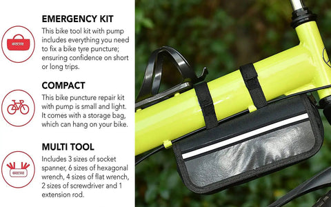 Close-up of All In One Bike Repair Kit with Carry Bag for Road and Mountain Bikes attached to a bicycle frame