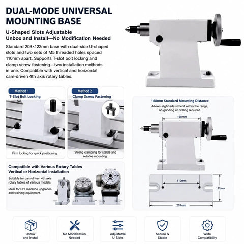 Top Notch Telescopic Tailstock MT3 Taper Fifty Millimeter Travel Wood Lathe Accessories CNC Machine Built Tough Adjustable Height with dual U-shaped slots.