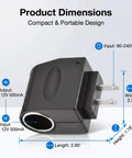 Product dimensions of No Sweat AC To DC Power Converter Adapter showing compact design, including length, width, and height.