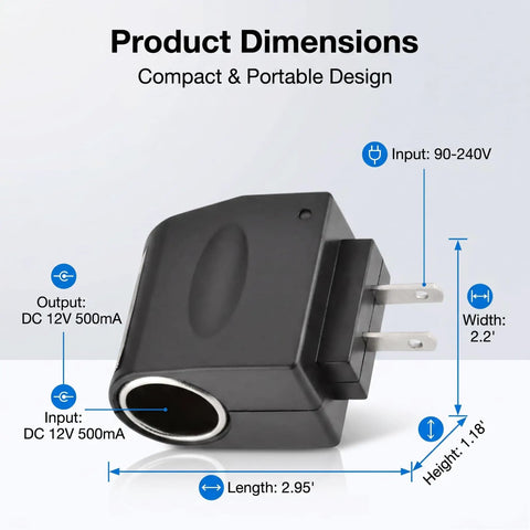 Product dimensions of No Sweat AC To DC Power Converter Adapter showing compact design, including length, width, and height.