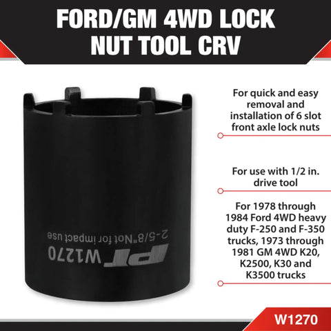 4WD Lock Nut Tool For Ford And GM Vehicles, 1/2 Inch Drive, 2-5/8 Inch Lock Nut Socket showing socket details and model number W1270