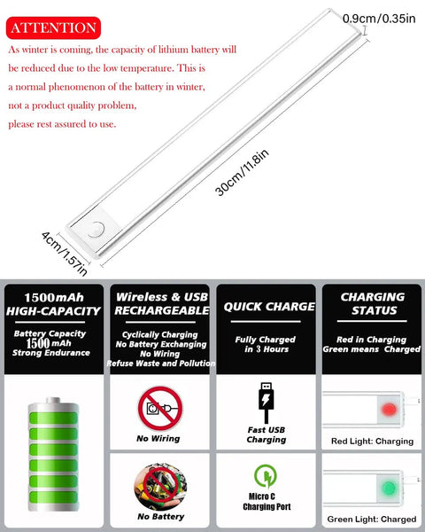 98 LED Under Cabinet Lights With 1500mAh Rechargeable Battery Motion Sensor Dimmable Night Lights dimensions and charge details
