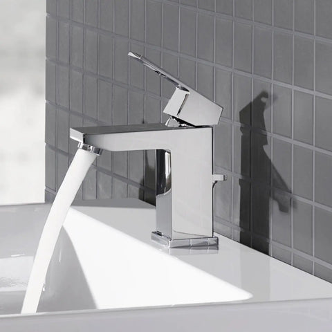 Eurocube Single-Handle Bathroom Faucet With SilkMove Precision in chrome, sleek square design on white basin