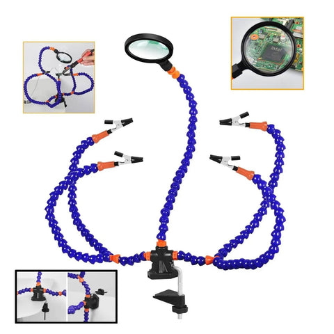 Third Hand Soldering Table Clamp with 3X magnifier and five to six arms flexible gooseneck helping hands, adjustable clips