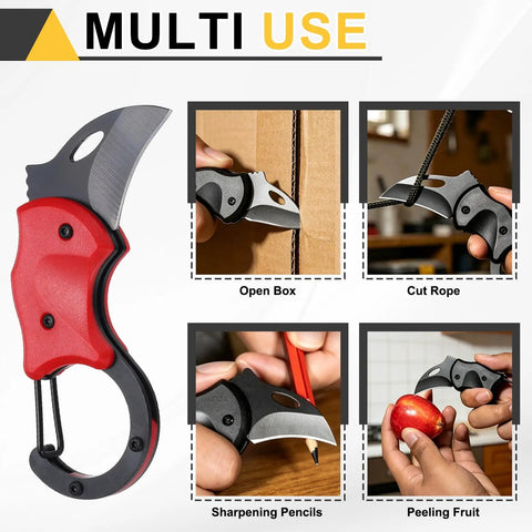 Compact Pocket Folding Knife With Carabiners, 1.38 Inch Blade, 3Cr13 Stainless Steel, shown for multi-use tasks.