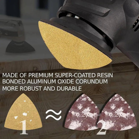 Triangle sanding pad attached to oscillating tool from 119 Piece Multitool Sanding Pads Set For Oscillating Tools Includes Triangle And Finger Sandpapers In Multiple Grits Detail Sanders For Woodworking Metal And Other Surfaces Durable Yellow Coated Abrasive Paper