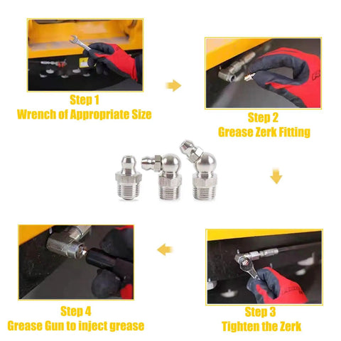 Pro Grade Quarter Inch 28 Thread Grease Fitting Assortment Kit With Straight 45 Degree And 90 Degree Zerk Fittings, Galvanized Steel