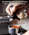 Top Shelf Espresso Accessories Kit Featuring A Dead Nuts Accurate 58mm Tamper with ergonomic handle and threaded steel base.