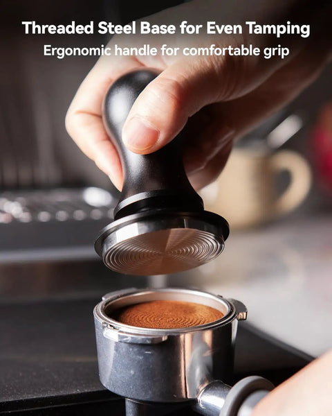 Top Shelf Espresso Accessories Kit Featuring A Dead Nuts Accurate 58mm Tamper with ergonomic handle and threaded steel base.