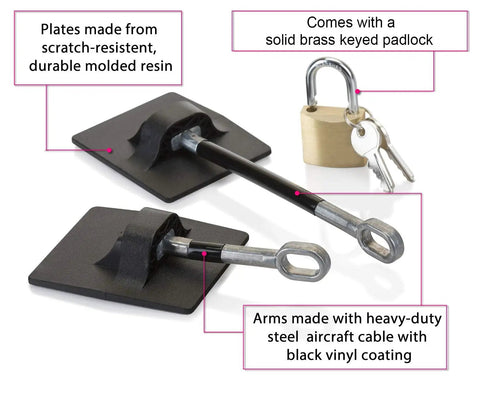 Two Pack Refrigerator Lock With Keyed Padlock, black finish, showing durable plates and brass keyed padlock with keys